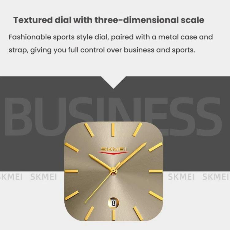 SKMEI 9361 Steel Strap Textured Dial Watch Business Casual Square Quartz Watch, Style: Silver Case Black Dial