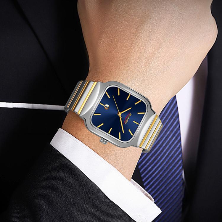 SKMEI 9361 Steel Strap Textured Dial Watch Business Casual Square Quartz Watch, Style: Silver Case Silver Dial