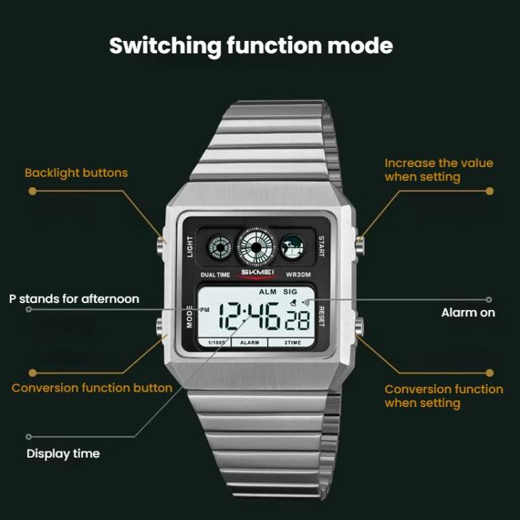 SKMEI 2450 Men Business Multifunctional Watch Casual Water-resistant Square Electronic Watch(Silver)