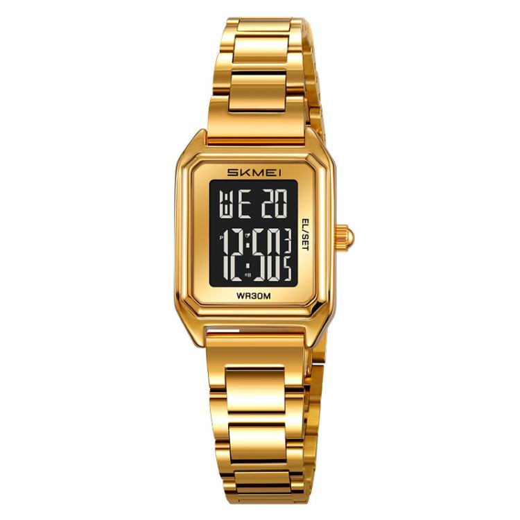 SKMEI 2493 Small Women Electronic Watch Square Steel Strap Watch, Style: Gold Case Black