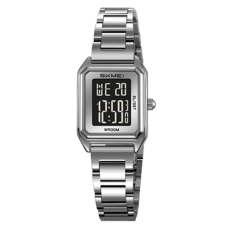 SKMEI 2493 Small Women Electronic Watch Square Steel Strap Watch, Style: Silver Case Black