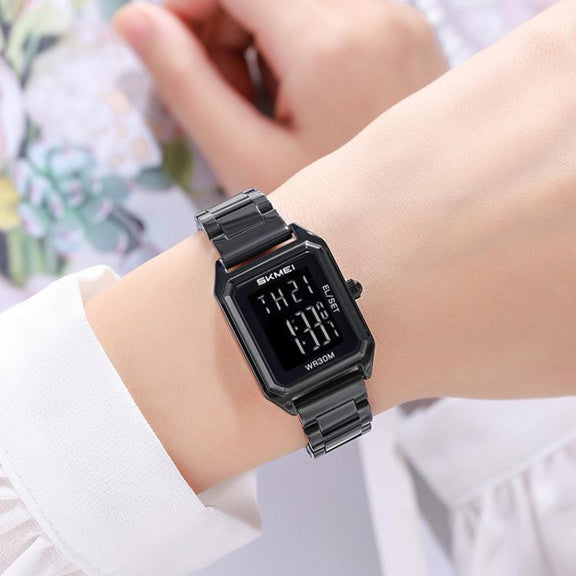 SKMEI 2493 Small Women Electronic Watch Square Steel Strap Watch, Style: Gold Case Black
