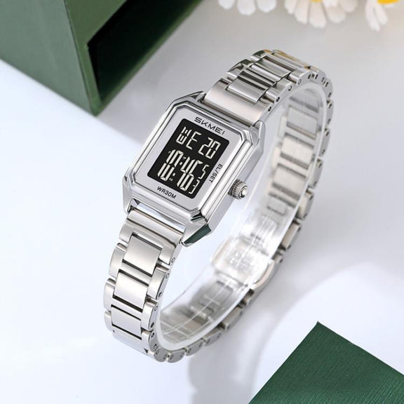 SKMEI 2493 Small Women Electronic Watch Square Steel Strap Watch, Style: Black Case White