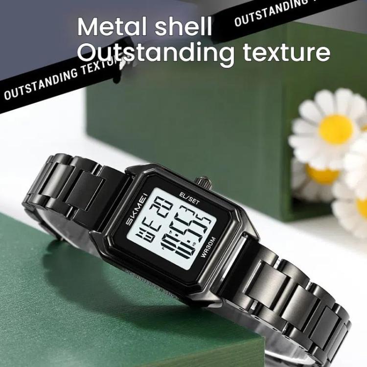 SKMEI 2493 Small Women Electronic Watch Square Steel Strap Watch, Style: Silver Case Black