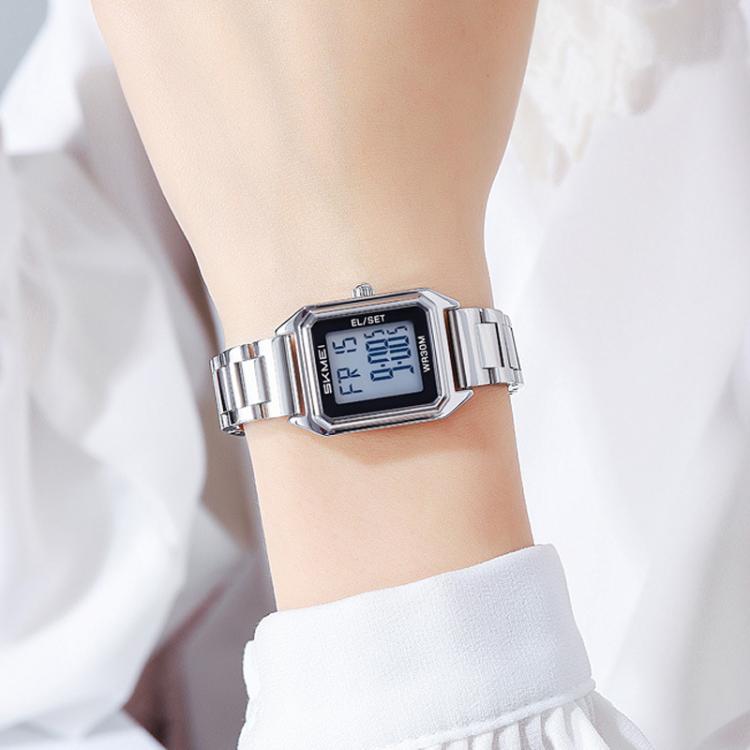 SKMEI 2493 Small Women Electronic Watch Square Steel Strap Watch, Style: Black Case White
