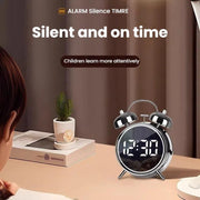 12/24H LED Screen Alarm Clock Loud Metal Clock With Night Light Plug-In Children Clock(Silver)