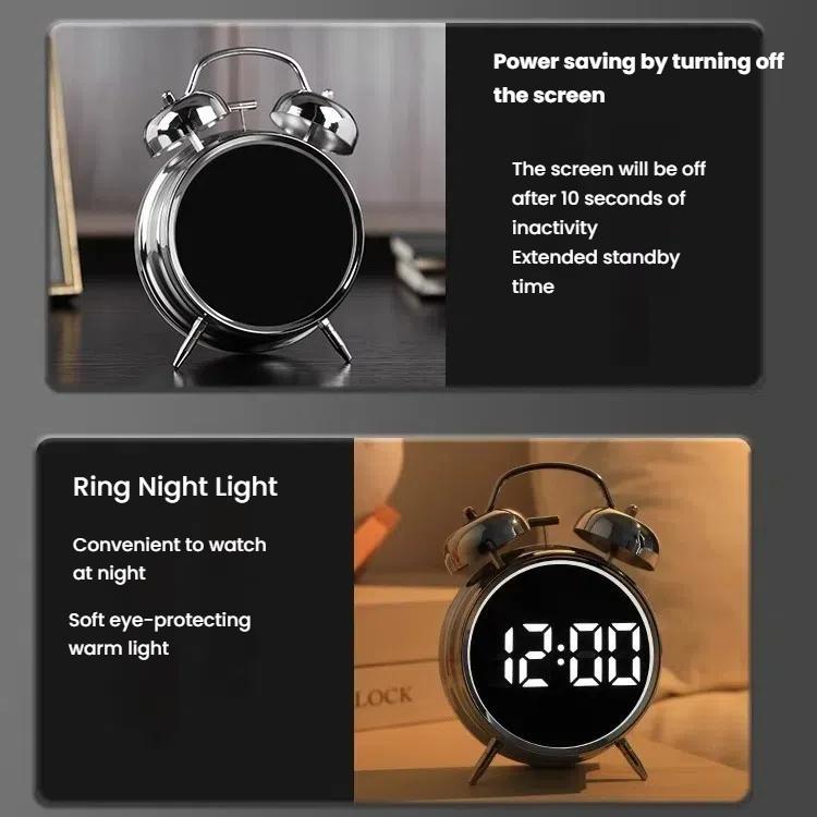 12/24H LED Screen Alarm Clock Loud Metal Clock With Night Light Plug-In Children Clock(Silver)
