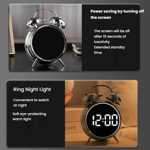 12/24H LED Screen Alarm Clock Loud Metal Clock With Night Light Plug-In Children Clock(Black)