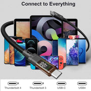 QGeeM USB4 Type-C PD 240W Fast Charging Cable With Digital Display, 40Gbps Data Transfer, 8K 60Hz Video Output For Laptop/Phone/Tablet 1m