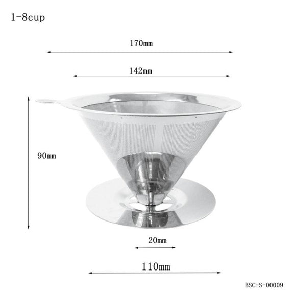 V60 Stainless Steel Coffee Filter with Base for Pour Over Brewing, Spec: 1-8 Cups 300-mesh