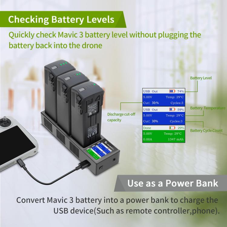 For DJI Mavic 3 YX Battery Charger Discharger Hub 3-in-1 Smart Charging Station With Color Screen EU Plug