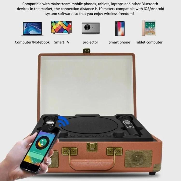 SDRD Wooden Box Karaoke Machine With Wireless Dual Mics All-In-One Speaker System Supports U Disk/TF Card(Black)