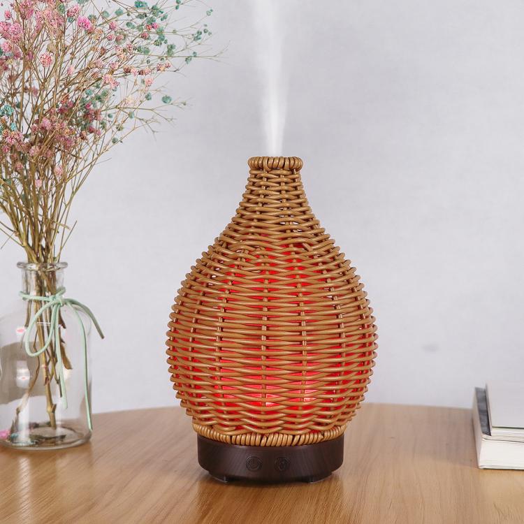 24V EU Plug 100ML Hollow Rattan Ultrasonic Humidifier & Aromatherapy Diffuser with 7-Color LED Lights(Dark Wood Grain)
