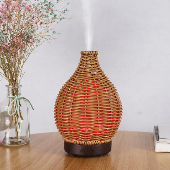 24V EU Plug 100ML Hollow Rattan Ultrasonic Humidifier & Aromatherapy Diffuser with 7-Color LED Lights(Dark Wood Grain)