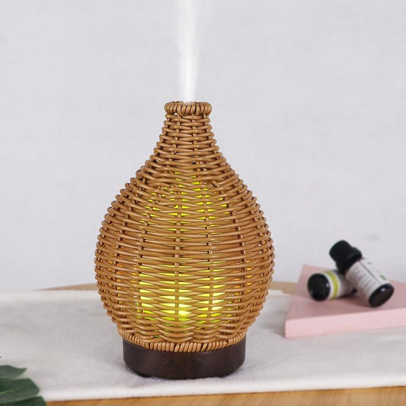 5V USB 100ML Hollow Rattan Ultrasonic Humidifier & Aromatherapy Diffuser with 7-Color LED Lights(Dark Wood Grain)