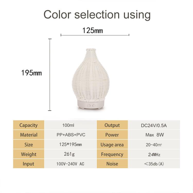 5V USB 100ML Hollow Rattan Ultrasonic Humidifier & Aromatherapy Diffuser with 7-Color LED Lights(White)
