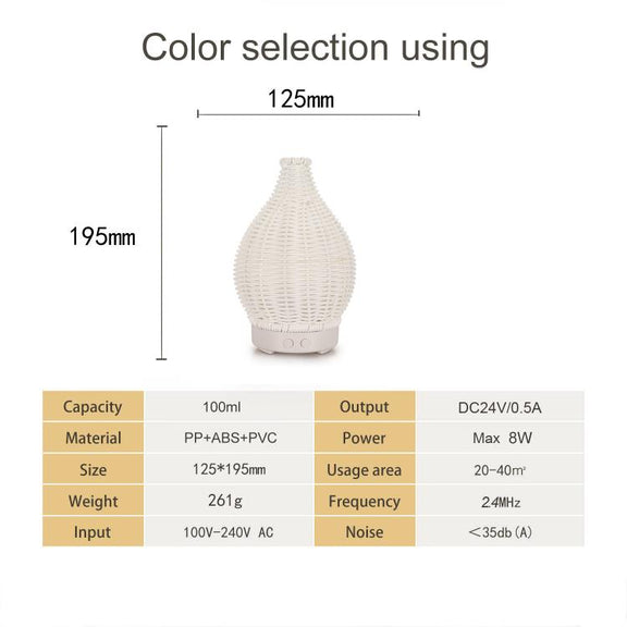 5V USB 100ML Hollow Rattan Ultrasonic Humidifier & Aromatherapy Diffuser with 7-Color LED Lights(White)
