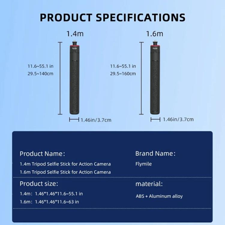 Flymile 1.4m Extendable Selfie Stick Tripod For Action Cameras One-Button Quick Setup Monopod With Wide-Angle View