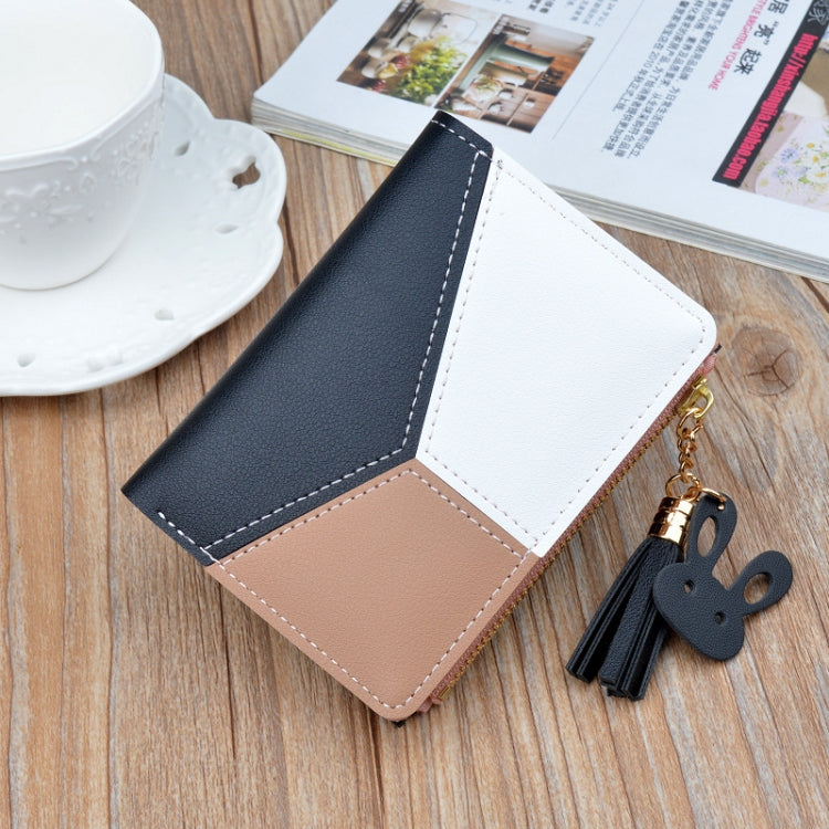 Short Leather Women Zipper Purse Panelled Wallets Trendy Coin Purse(Blue)
