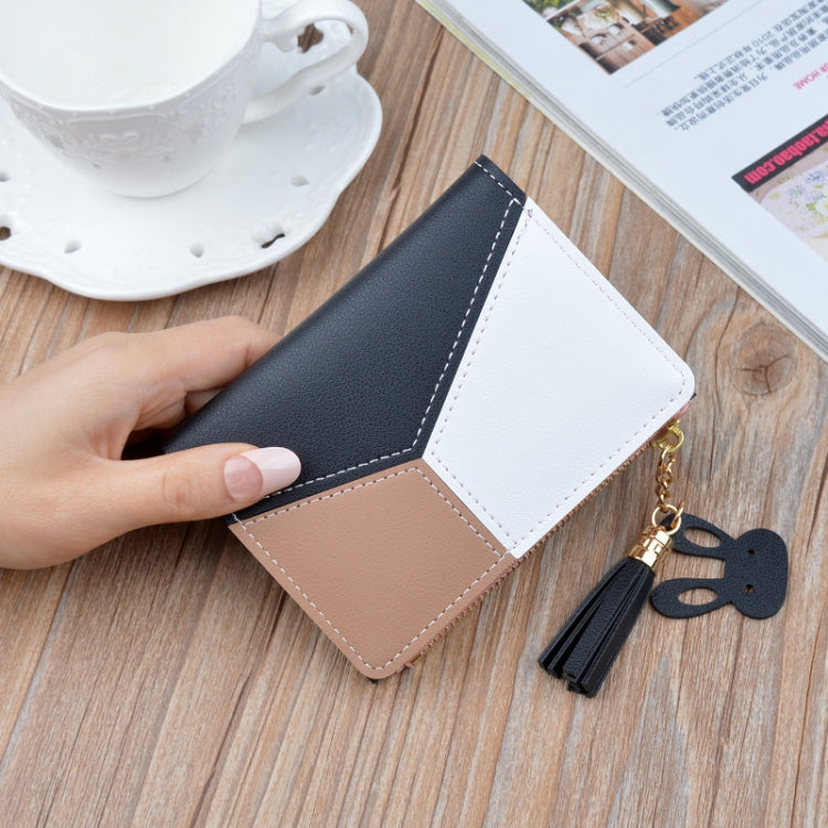 Short Leather Women Zipper Purse Panelled Wallets Trendy Coin Purse(Blue)