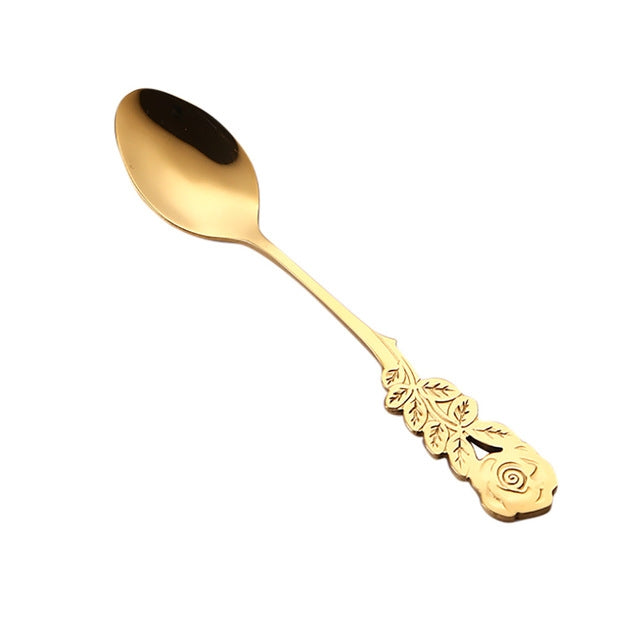 Small Mini Stainless Steel Rose Flower Coffee Spoon Strring Spoon Teaspoon Tea Spoon Dessert Spoon Long Handle Tableware(Titanium Gold)