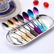 Small Mini Stainless Steel Rose Flower Coffee Spoon Strring Spoon Teaspoon Tea Spoon Dessert Spoon Long Handle Tableware(Multicolor)