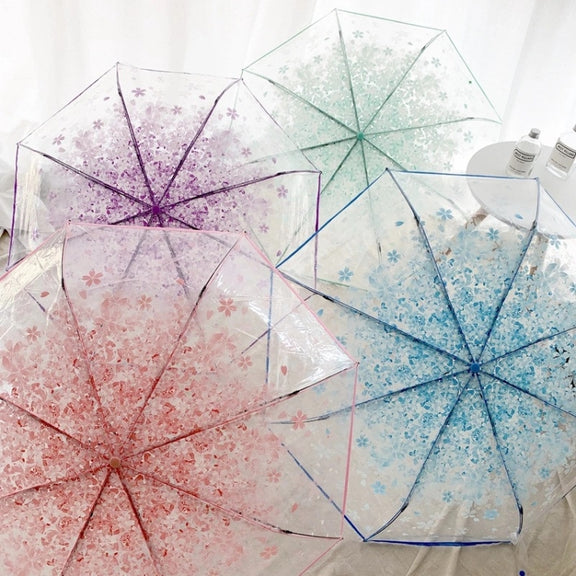 Cherry Blossom Transparent Triple-fold Umbrella Individual Folding Umbrella(Pink)