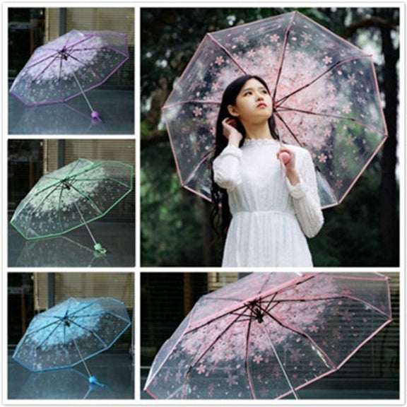 Cherry Blossom Transparent Triple-fold Umbrella Individual Folding Umbrella(Pink)