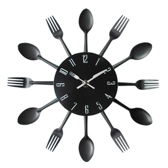 Cutlery Metal Kitchen Wall Clock Spoon Fork Creative Quartz Wall Mounted Clocks Modern Design Decorative Horloge Black