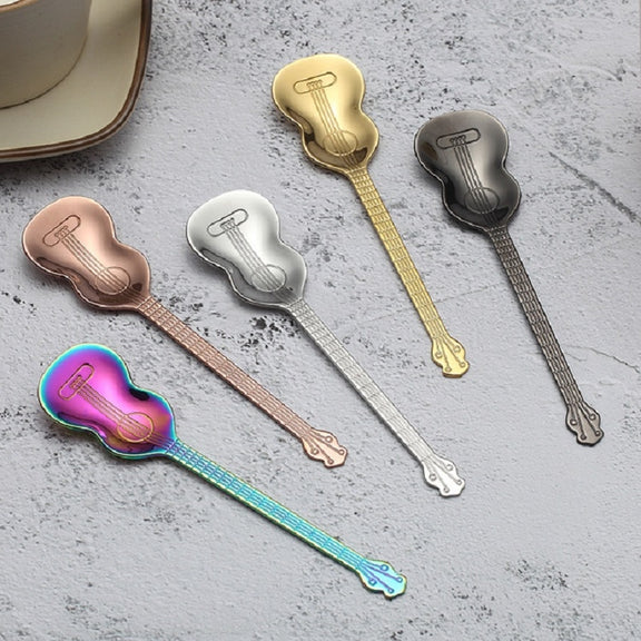 Stainless Steel Coffee Mixing Spoon Creative Musical Instrument Shape Spoon, Style:Guitar, Color:Silver