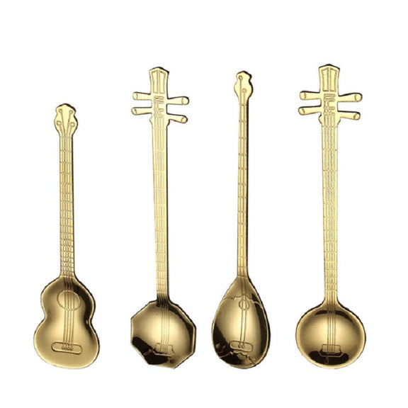 Stainless Steel Coffee Mixing Spoon Creative Musical Instrument Shape Spoon, Style:Lute, Color:Silver