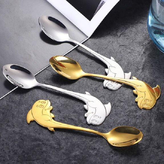 2 PCS Stainless Steel Dolphin Shape Cartoon Coffee Stirring Spoon Ice Cream Spoon Child Feeding Spoon(Steel)