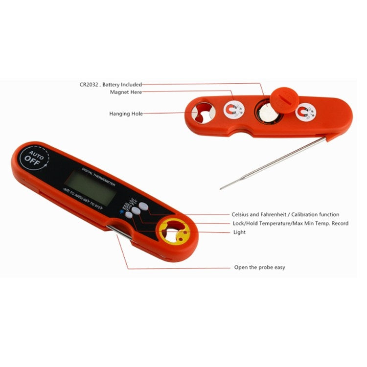 Foldable Probe Water-resistant Food Thermometer Kitchen Barbecue Fast Temperature Measurement Digital Display Electronic Thermometer(Black)