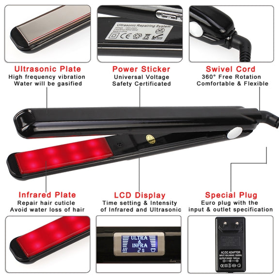 RUCHA Ultrasonic Infrared Hair Care Iron Straightener with Adjustable Upgraded LCD Display, Plug standard:EU(Black)