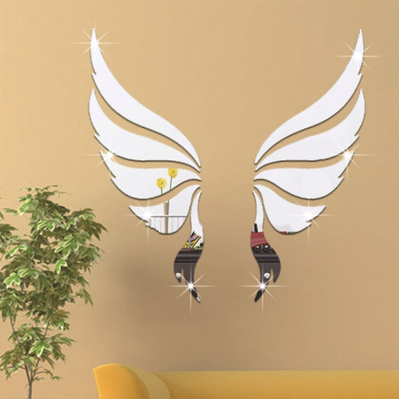 Crystal Three Dimensional Decorative Wall Stickers Angel Wings Bedroom Decorative Mirror(Silver)