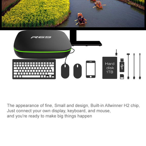 R69 1080P HD Smart TV BOX Android 4.4 Media Player with Remote Control, Quad Core Allwinner H3, RAM: 1GB, ROM: 8GB, 2.4G WiFi, LAN, US Plug