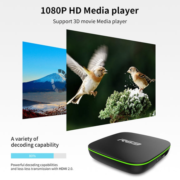 R69 1080P HD Smart TV BOX Android 4.4 Media Player with Remote Control, Quad Core Allwinner H3, RAM: 1GB, ROM: 8GB, 2.4G WiFi, LAN, AU Plug