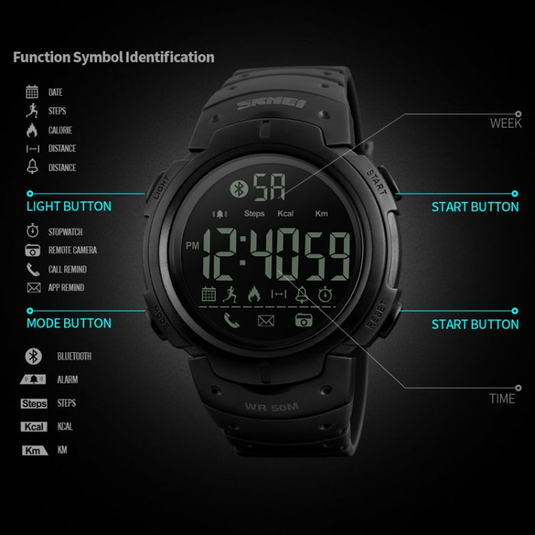 SKMEI 1301 Multifunction 50m Water-resistant Sports Bluetooth Smart Watch, Compatible with Android & iOS System(Army Green)
