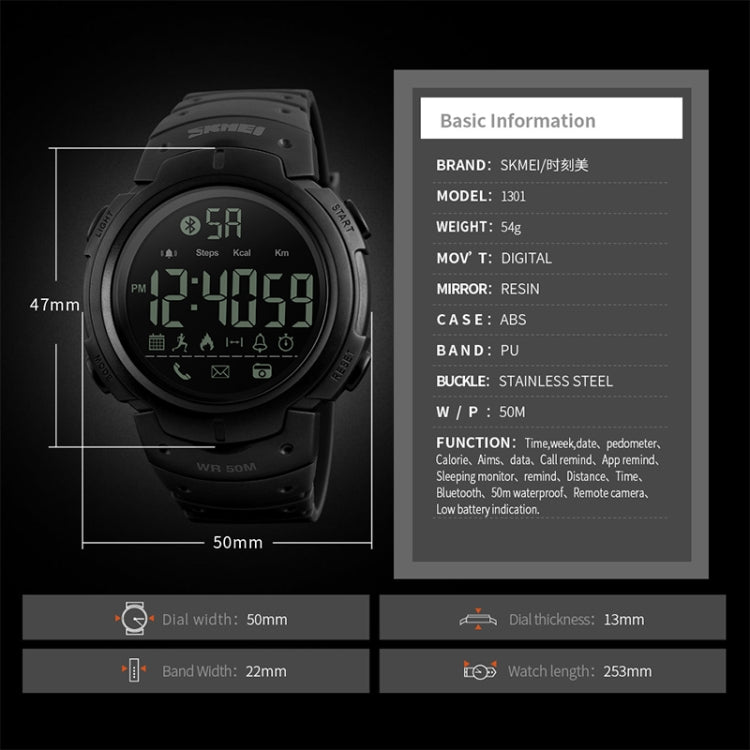 SKMEI 1301 Multifunction 50m Water-resistant Sports Bluetooth Smart Watch, Compatible with Android & iOS System(Army Green)