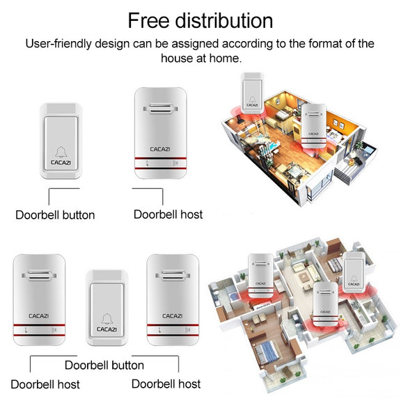 CACAZI V027G One Button Three Receivers Self-Powered Wireless Home Kinetic Electronic Doorbell, EU Plug