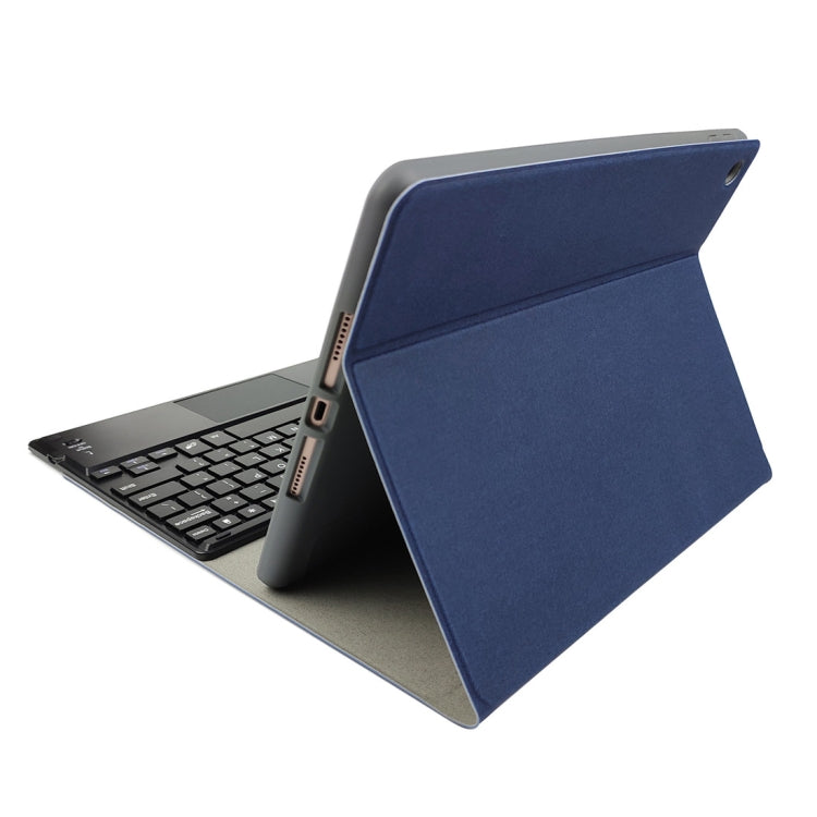 RK102C Detachable Magnetic Plastic Bluetooth Keyboard with Touchpad + Silk Pattern TPU Tablet Case for iPad 10.2, with Pen Slot & Bracket(Blue)