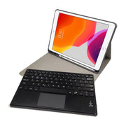 RK102C Detachable Magnetic Plastic Bluetooth Keyboard with Touchpad + Silk Pattern TPU Tablet Case for iPad 10.2, with Pen Slot & Bracket(Blue)
