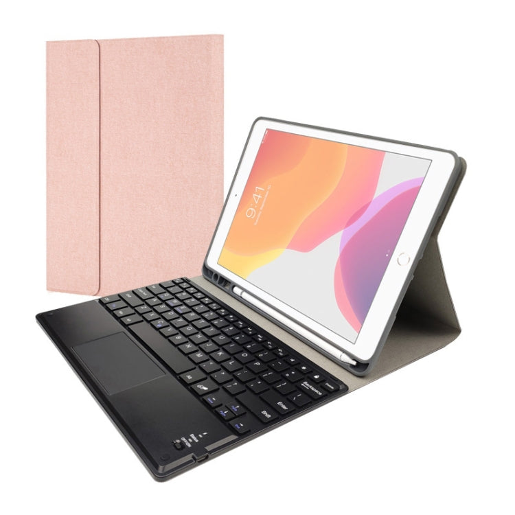 RK102C Detachable Magnetic Plastic Bluetooth Keyboard with Touchpad + Silk Pattern TPU Tablet Case for iPad 10.2, with Pen Slot & Bracket(Rose Gold)