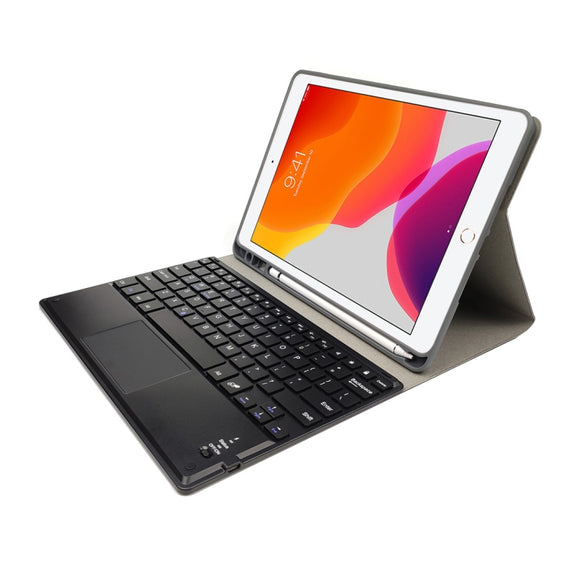 RK102C Detachable Magnetic Plastic Bluetooth Keyboard with Touchpad + Silk Pattern TPU Tablet Case for iPad 10.2, with Pen Slot & Bracket(Red)