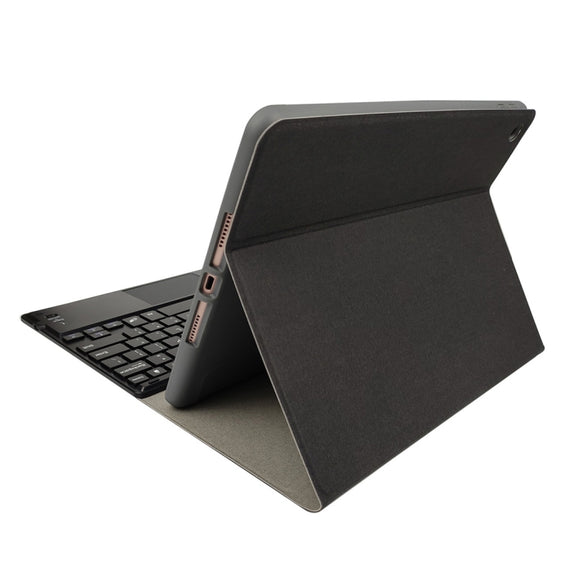 RK102C Detachable Magnetic Plastic Bluetooth Keyboard with Touchpad + Silk Pattern TPU Tablet Case for iPad 10.2, with Pen Slot & Bracket(Black)