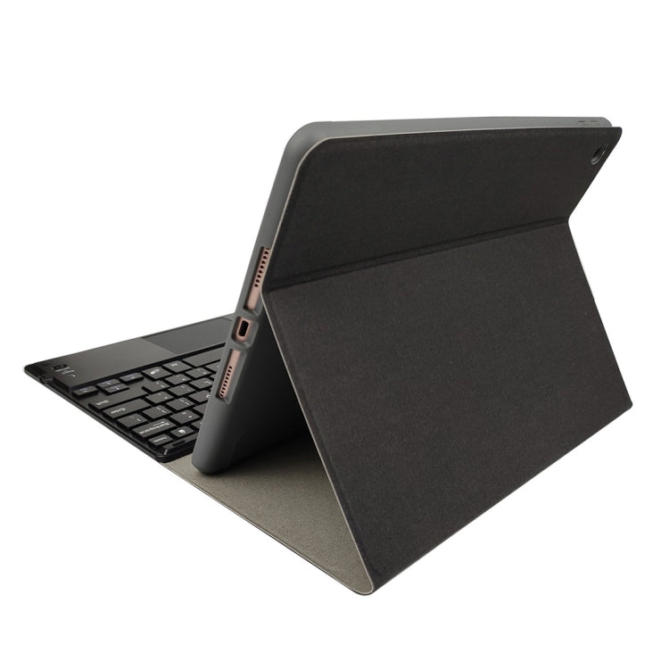 RK102C Detachable Magnetic Plastic Bluetooth Keyboard with Touchpad + Silk Pattern TPU Tablet Case for iPad 10.2, with Pen Slot & Bracket(Black)