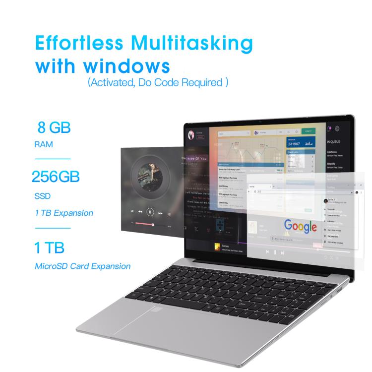 N5095 15.6 inch Laptop, 8GB+256GB, Windows 11 Intel Celeron N5095 Quad Core, Support Fingerprint Unlock, US Plug (Silver)