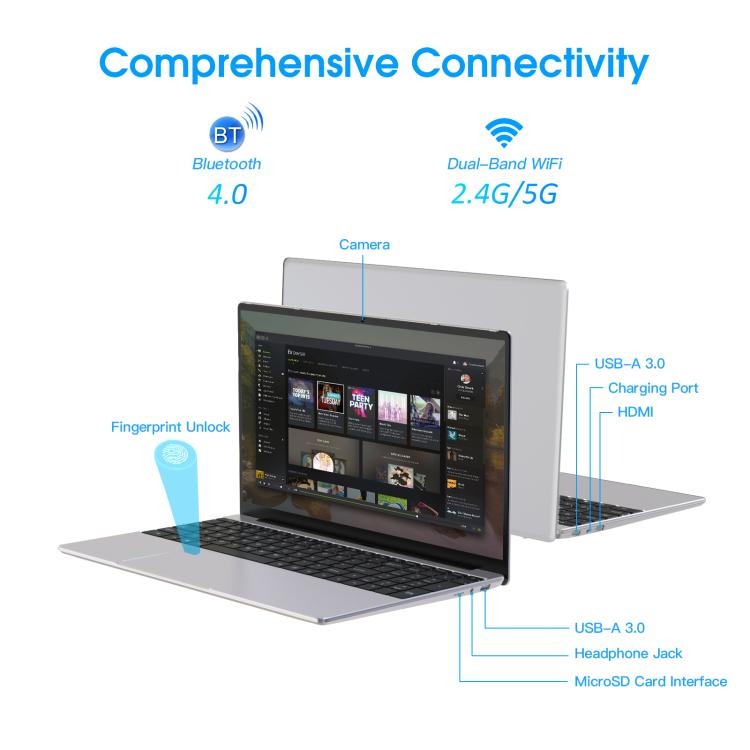 N5095 15.6 inch Laptop, 16GB+512GB, Windows 11 Intel Celeron N5095 Quad Core, Support Fingerprint Unlock, US Plug (Silver)