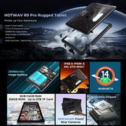 HOTWAV Tab R9 Pro IP68/IP69K Rugged Tablet, 6GB+256GB, 11 inch Android 14 Unisoc T606 Octa Core 4G Network, Global Version with Google Play, EU Plug (Black Red)