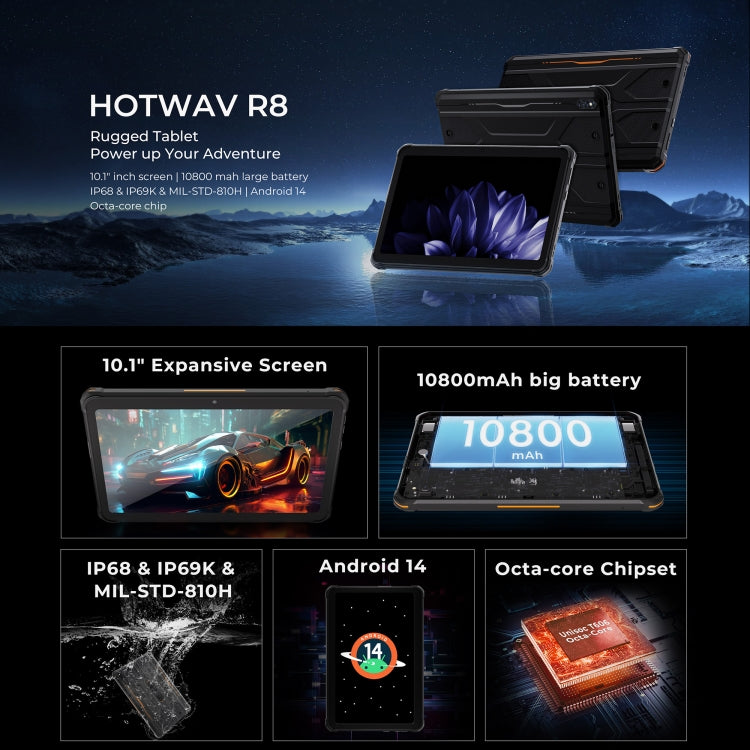HOTWAV Tab R8 IP68/IP69K Rugged Tablet, 4GB+128GB, 10.1 inch Android 14 Unisoc T606 Octa Core 4G Network, Global Version with Google Play, EU Plug (Black Grey)
